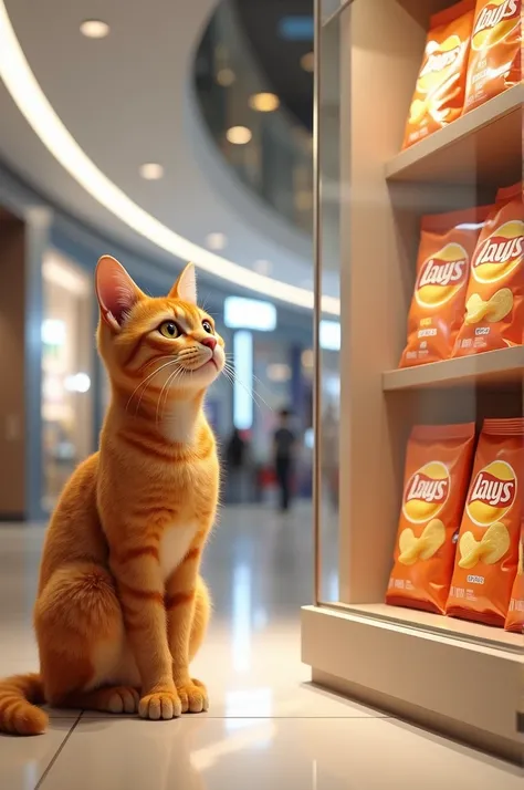 Generate a high quality 3D image:An orange cat standing inside a mall looking at packets of chips inside the cupboard 
