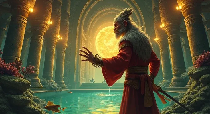 "Sun Wukong,  the Monkey King from Chinese mythology ,  explore the magnificent underwater palace of the Dragon King .  The environment is vast and magical ,  illuminated by a greenish glow from the surrounding waters ,  details with large columns decorate...