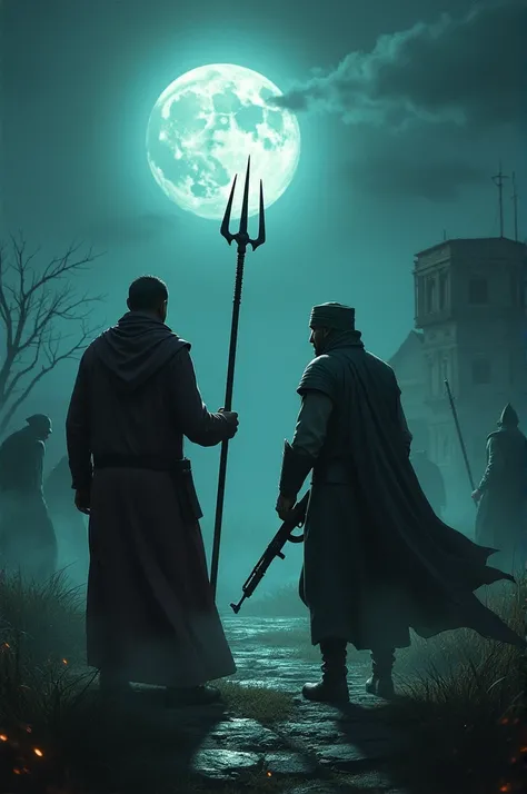 "The priest and Saalam Singh prepare for a final confrontation with the powerful witches amidst the eerie glow of moonlight. The priest, holding his trident high, and Saalam Singh with his rifle, both have fierce expressions, ready to protect the village f...