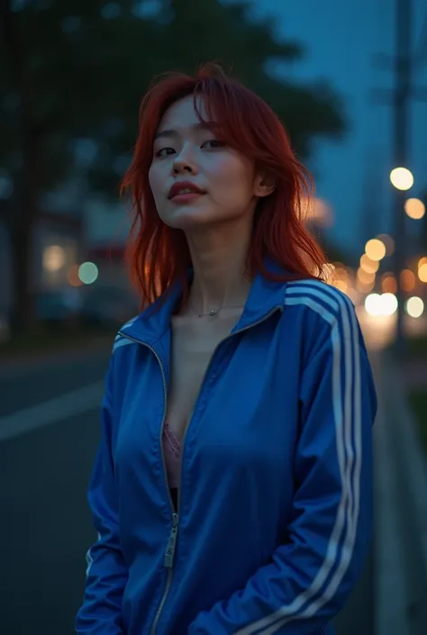 Dark night scene, street lights in the distance, ((bright blue long-sleeved tracksuit)), (highly saturated colors), (ray tracing), add detail, sexy, add detail, shocking, sexy, add detail, ((red hair, Japanese woman)), . 55 years old, heavy makeup, shocked...