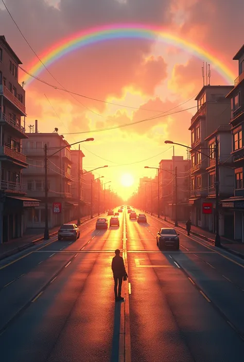 (photorealism), a wide big cross road, me on left side, traffic on the opposite side, small buildings on both sides, sun rise view, visible rainbow ending on the middle of the road