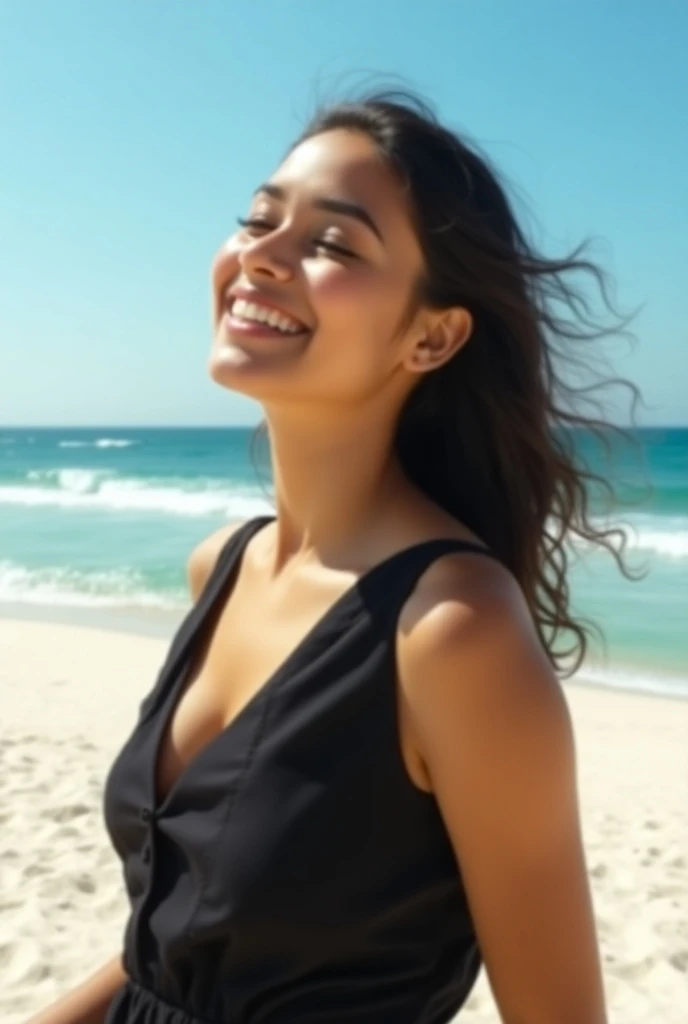 Absolutely real image of a beautiful pretty healthy lightly fat indian young college cultural girl wearing black dress enjoying the beauty of beaches 