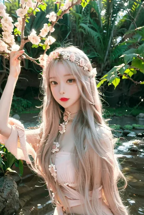 a beautiful 20 year old korean girl with long hair, big eyes, small nose, full lips, flawless skin, cute expression, gentle smile, wearing a delicate flower crown, posing in an outdoor natural scene with warm color tone and soft focus