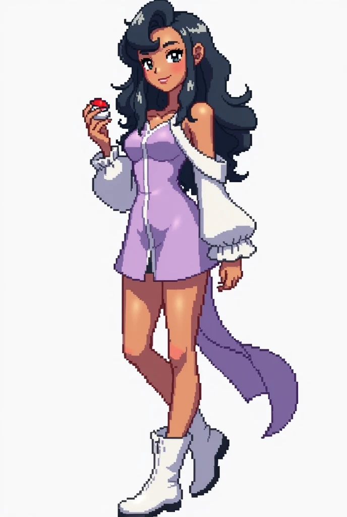 Crie uma Pixel art de CORPO COMPLETO de uma personagem feminina, adult,  in the style of the game : Pokemon X e Y,  following the following instructions . Faça a garota com uma aparência de uma pessoa adult. Make her have brown skin .  Make the character h...