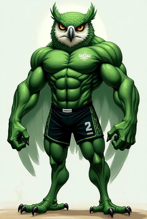 Green owl in green and black muscular volleyball uniform
