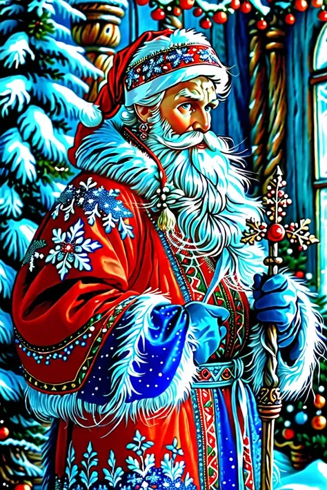 ❄️❄️❄️
арт, kind handsome santa claus from russian folk tales , holds a staff ,  near the christmas tree , snow ,  a very long b...