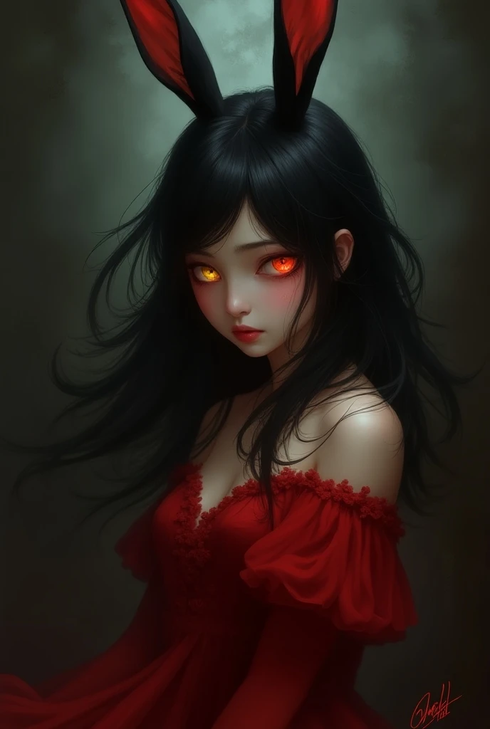 Girl Bunny Girl Dress Red Eyes Gold Eyes Black Hair