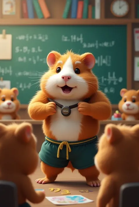 make an image of a strong guinea pig who works out teaching bunch of small bear math