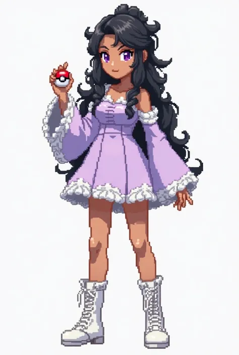 Crie uma Pixel art de CORPO COMPLETO de uma personagem feminina, adult,  in the style of the game : Pokemon X e Y,  following the following instructions . Faça a garota com uma aparência de uma pessoa adult. Make her have brown skin .  Make the character h...