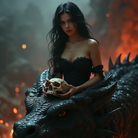 front, cinematic scene, best quality, ultra-detailed, enchanting facial features, beautifull sexual woman demones, black hairs, sitting on a hellish huge dragon head, holding a skull, black damask lace, digital style, bust, 