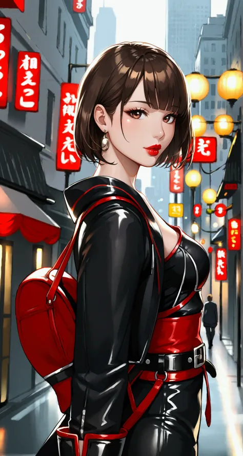 young woman,  brunette , square with straight bangs , red big lips,  sexy figure ,  black haori with a silver wide belt, on the feet are long black boots ,  stands against the city in the background , sexy