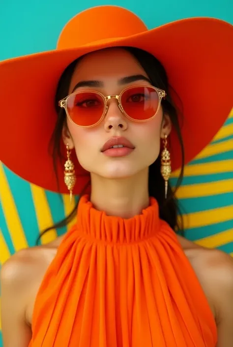 (photorealism:1.2), A portrait of a sexy young Persian woman, with smooth skin, and a slender neck, wearing a vibrant, pleated orange blouse with a high collar that wraps around her neck. She has full, slightly parted lips with a natural pink tint. His eye...