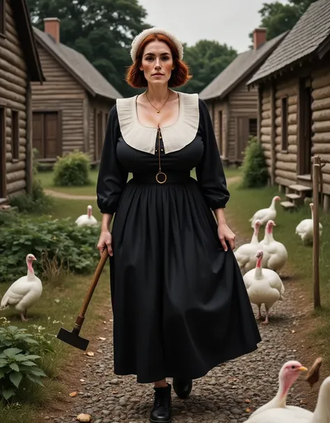 Photorealistic, cinematic style, a picture of a beautiful British woman in a puritan womans outfit. She has black dress, white bonnet and white capelet, white apron. Black buckle shoes. Shes walking on a stony path between farmyard loghouses in Massachuset...