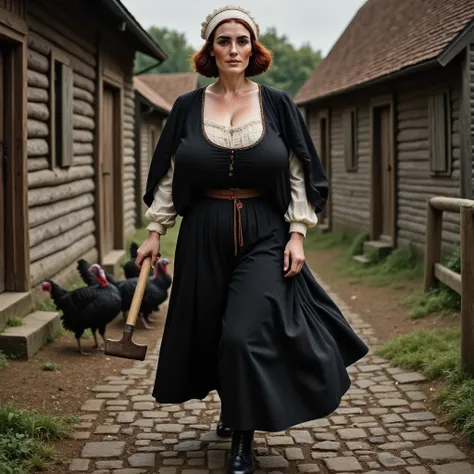 Photorealistic, cinematic style, a picture of a beautiful British woman in a puritan womans outfit. She has black dress, white bonnet and white capelet, white apron. Black buckle shoes. Shes walking on a stony path between farmyard loghouses in Massachuset...