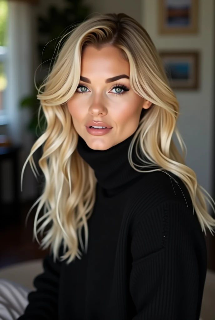 photo of Breckie Hill, best quality, she is wearing a black sweater, soft lighting, gorgeous, blonde woman, Hispanic,