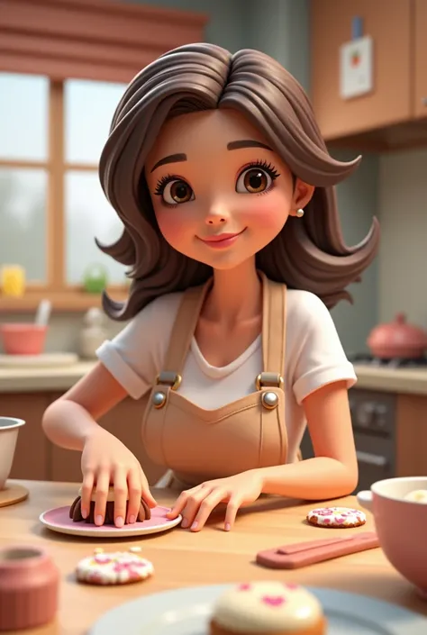 create a 3D illustration AI style female character dark brown eyes medium dark brown hair, brown skin color,making cakes and sweets.