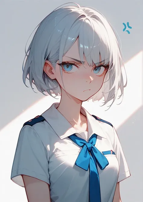 silver hair short bob white shirt blue ribbon student uniform　High image quality,  annoyed face