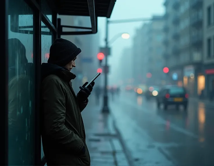 Stands at the bus stop on the phone.Bad weather outside