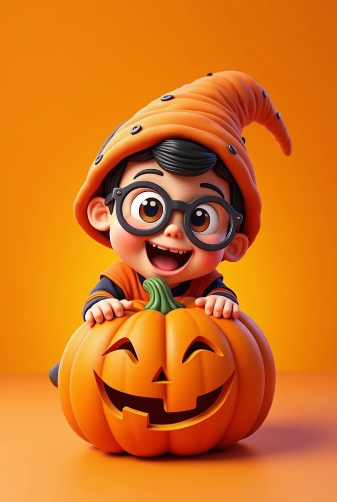 Drawings for s ,  So、大きなメガネをかけた、 a boy in a Halloween costume with big glasses and a very smiling face、 and a very smiling pumpkin.,  offers a pumpkin with a simple orange background  ,