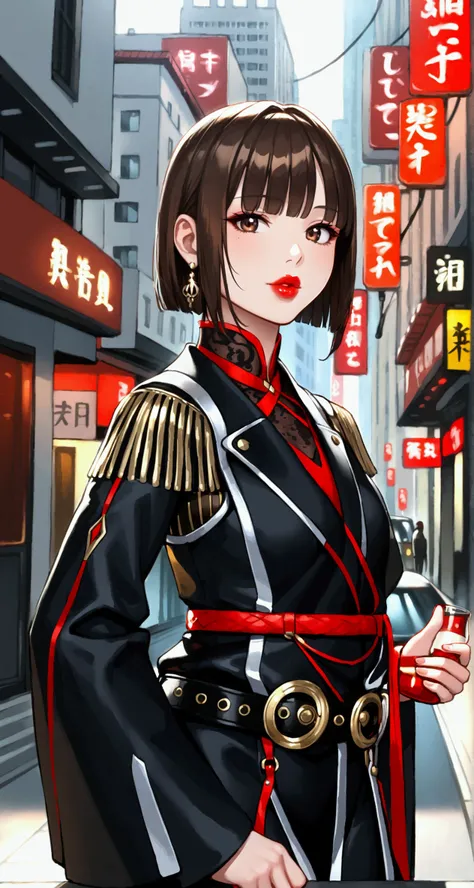 young woman,  brunette , square with straight bangs , red big lips,  sexy figure ,  black haori with a silver wide belt, on the feet are long black boots ,  stands against the city in the background , sexy