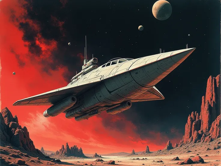 An iconic 1980s heavy metal science fiction illustration inspired by the style of Richard Corben, designed as a cinematic desktop wallpaper. A spaceship flies through deep space surrounded by eerie aliens and scattered space debris, evoking elements of sci...