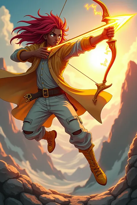  Young adult Shounen-style anime character , Black Afro-descendant ,  long pointed red hair ,  long-sleeved clothes with stylized cloak ,  white pants with gold cargo , illuminated gold boots ,  style details he holds a very illuminated gold bow and arrow ...