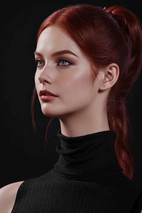 woman with medium-ponytail ,Auburn-red-hair,short hair, pale, wearing black turtleneck. eyeliner,portrait, beautiful woman, beautiful female ,beautiful ,eyeliner , elegant, digital painting, smooth, dramatic lighting, ultra realistic, 8k, art , blur backgr...