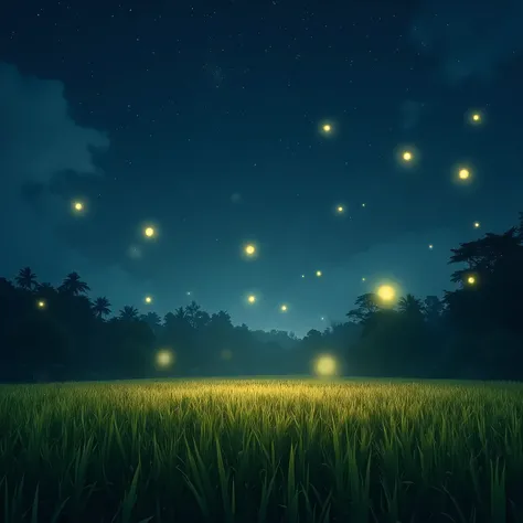 Fireflies flying in rice fields，It&#39;s night