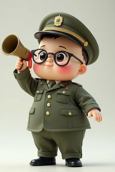 Create a cute chubby style doll dressed as a general, Shes wearing glasses and using a megaphone ,  she looks cute shes raising her hand with a commanding gesture