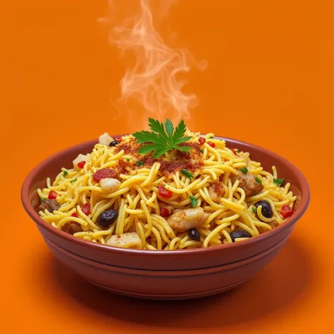 "Create a high-resolution image of a bowl of  chowmein in a traditional clay bowl. The Chowmein should have long, fluffy chowmein mixed with spices, herbs, and pieces of well-cooked, the dish with of fresh  or plate . The colors should be vibrant, showing ...