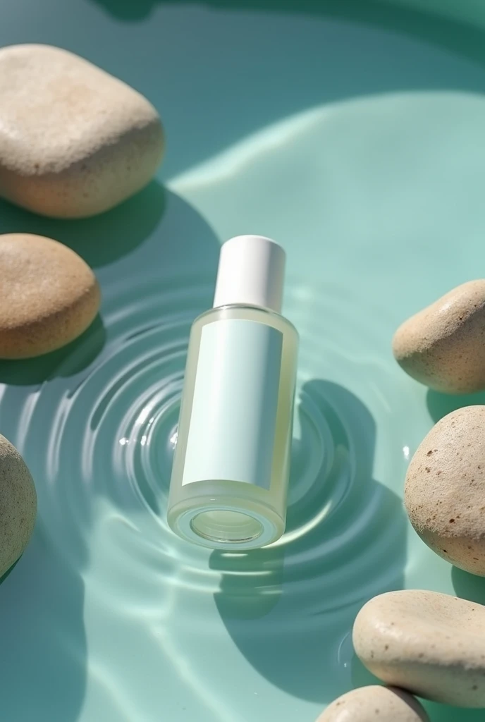 Create an image of a daily skincare product partially submerged in clear, tranquil water, with small ripples around it for a calming effect. Smooth stones of varying sizes and earthy tones are arranged around the product, enhancing the sense of natural bea...