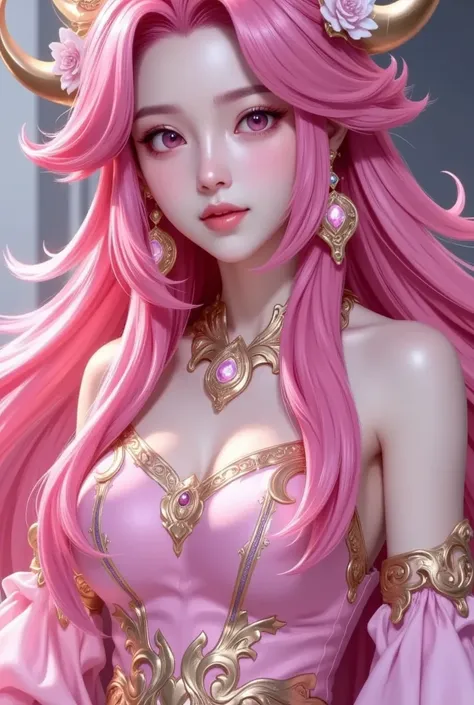 detailed portrait ， closeup of a woman with pink hair in a pink dress, anime goddess, ((a beautiful fantasy queen)),  extremely ...