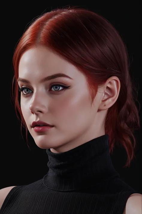 woman ,auburn-red-hair, short hair, pale, black turtleneck. eyeliner,portrait, beautiful woman, beautiful female ,beautiful ,eye...