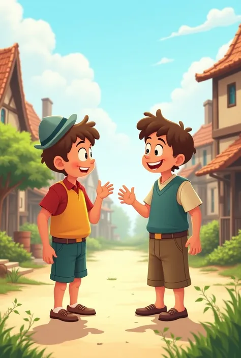 The  boy reply to a 40 year old man in a village , houses in the background, cartoon style images 