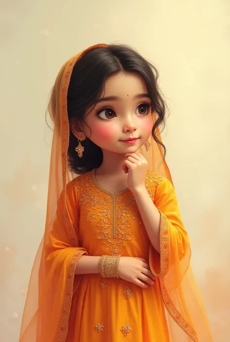 A little cute girl wear punjabi suit and one  hand on stomach other on chin