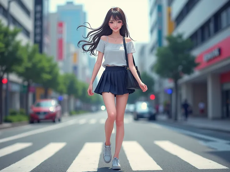 College girl in a miniskirt、Walking through the streets of Tokyo 、 perfect body 、 the background is also clear