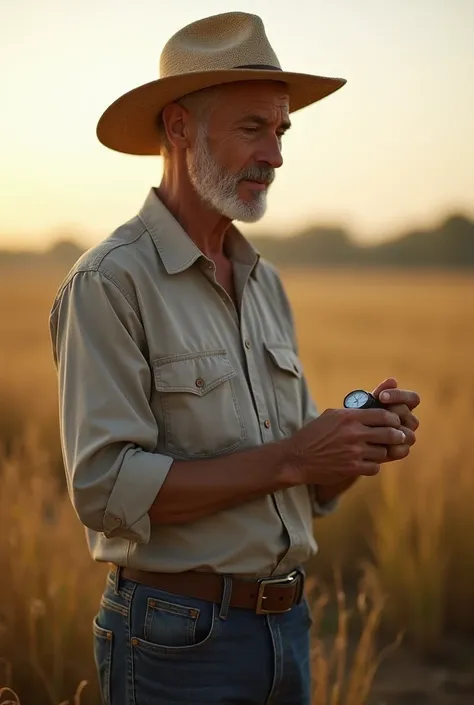 a simple farmer ,  in a straw hat and long-sleeved shirt ,  looking at a wristwatch while in the middle of the field . he is standing,  with arms slightly extended at their sides ,  and the afternoon sun softly illuminates his face ,  that already carries ...