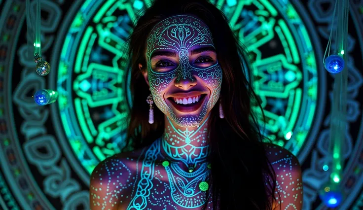 A striking frontal close-up photograph of an abstract, beautiful, intricate wall painting that glows under black light. The wall is black. The design on the wall consists of intricate neon patterns in shades of green, blue and pink. The surface is covered ...