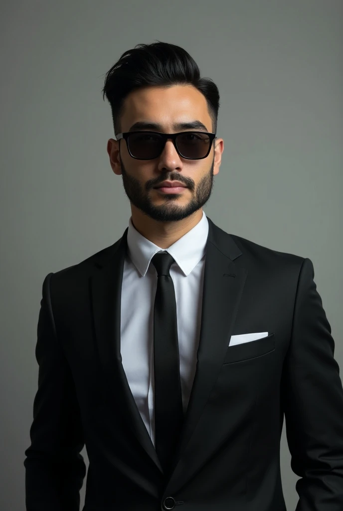 A 29-year-old tall black-haired man wearing a black suit and white shirt, Stilo coaching sunglasses and a beard.