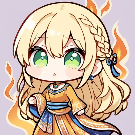 solo woman:1.1,long hair:1.1,yellow hair:1.1,hair between eyes,french braid:0.9,break,green eyes,break,little round sapphire pendant:0.9,break,blue stripes indian costume:1.1,break,Chibi character、simple flame background、O mouth,