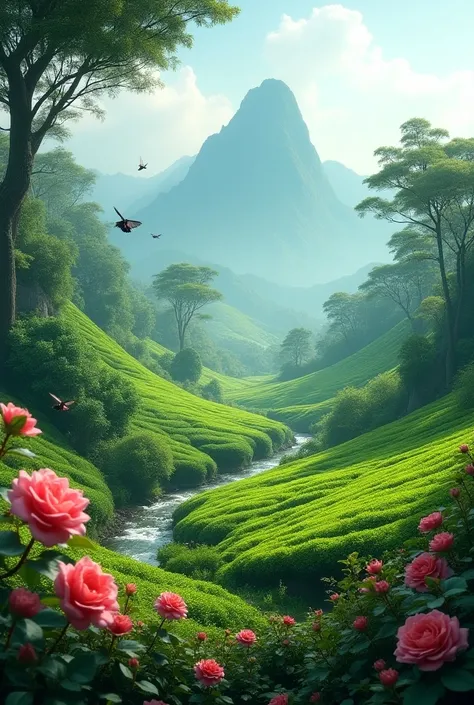 Microclimate,tea plantation, mountain,small river, trees, butterfly, flower garden,rose, hummingbird, crows