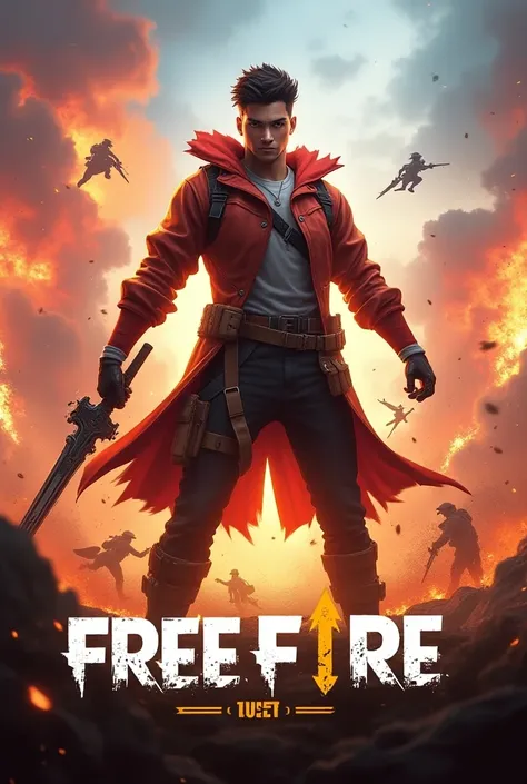 Create a dynamic and action-packed thumbnail for a Free Fire gameplay video. The design should feature an intense battle scene with a player in a heroic pose, holding a weapon. Add explosive effects, bright colors like red, orange, and yellow for energy, a...