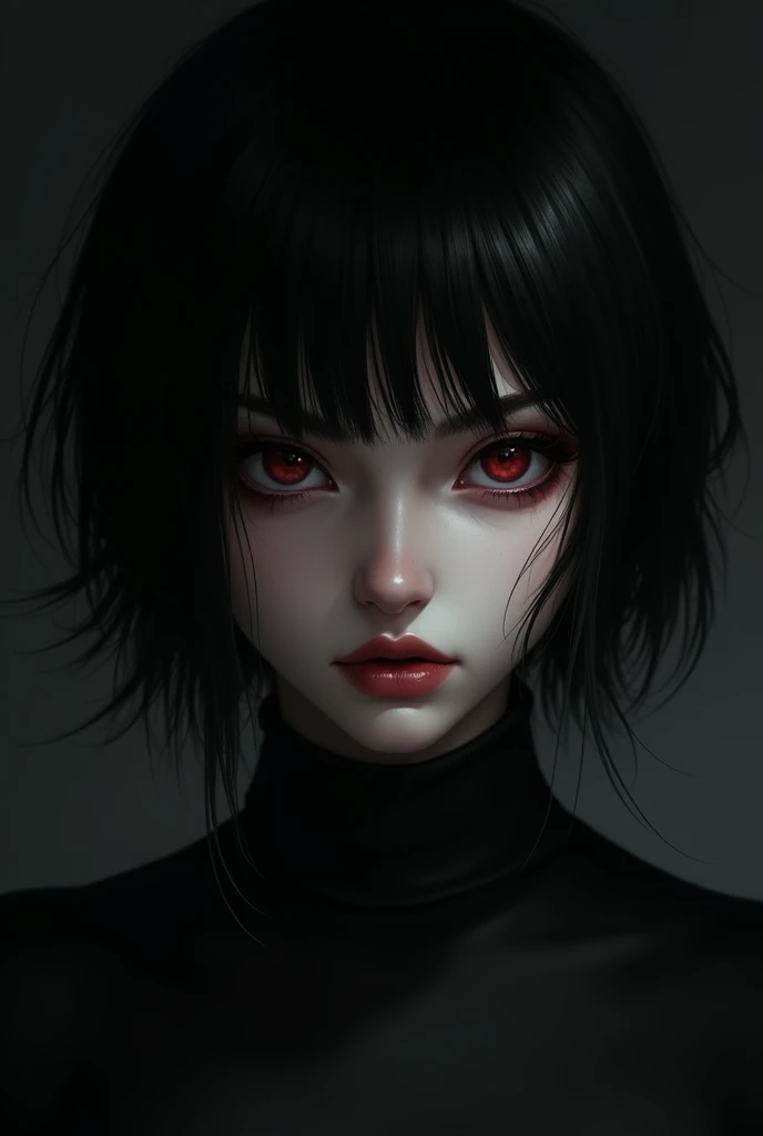  Black Hair,  Short Hair,  yandere，Red eyes, 