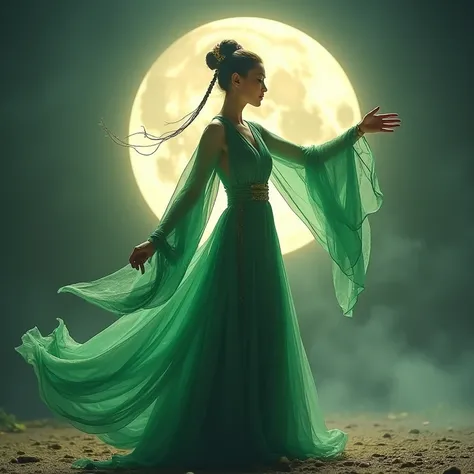 Ancient Chinese woman in a green dress dancing in the moonlight