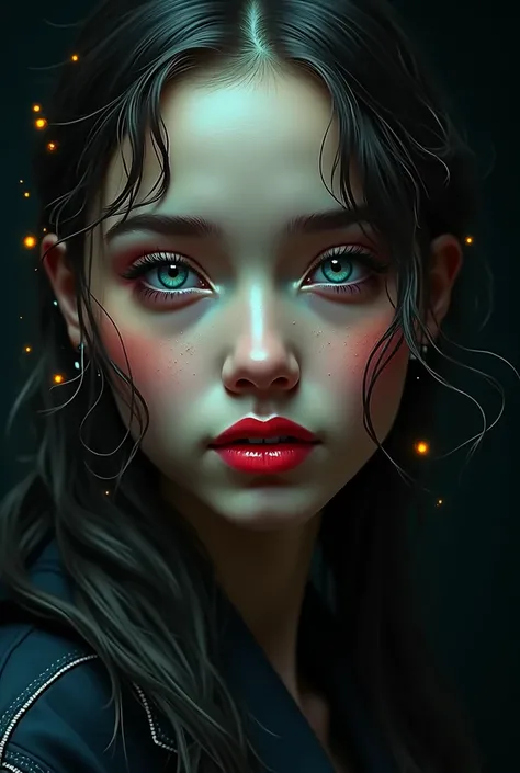  digital thick colored splash photo realistic face art k, maximum screen Beautiful red lips, beautiful color, blue eyes, young woman&#39;s face, free and stylish, neon reflexes are bright and soft to the eyes.