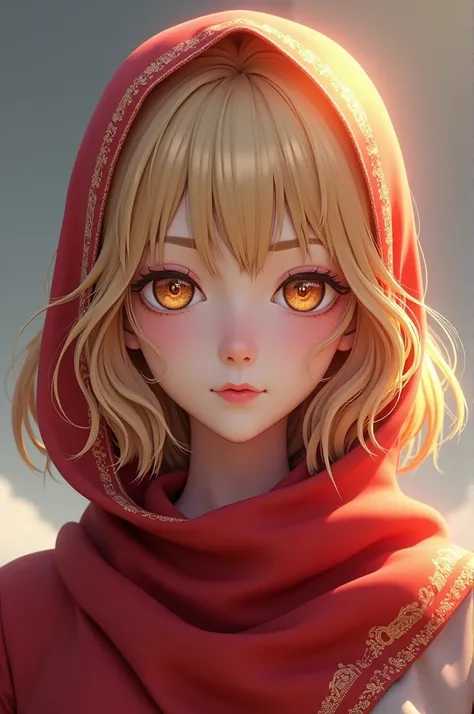 3D anime beautiful girl with blonde shoulder length hair and a red headscarf