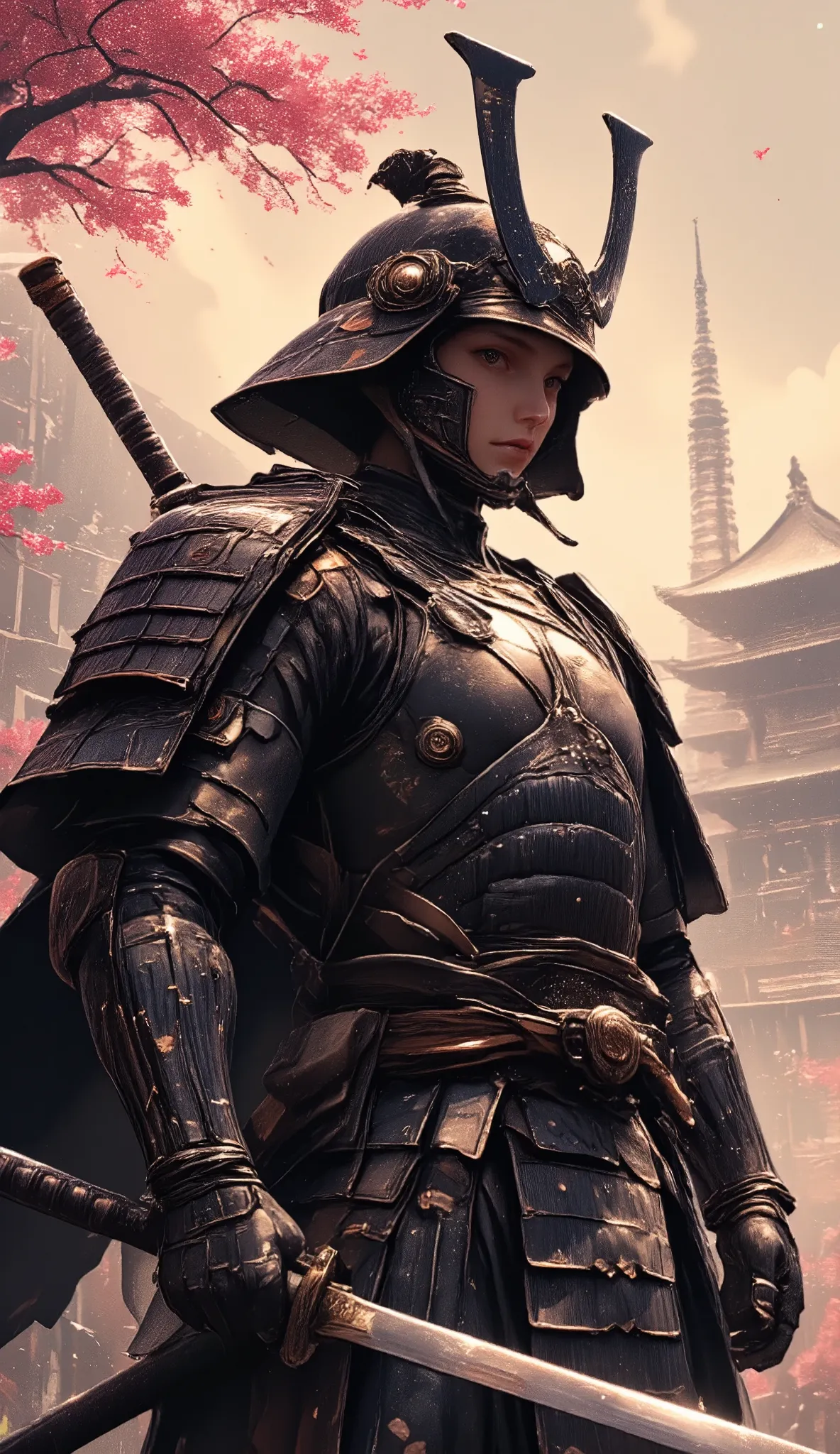 A katana wielding samurai warrior, intricate detailed armor, samurai sword, traditional japanese landscape, pagoda, cherry blossom trees, mist, golden light, cinematic composition, realistic, photorealistic, hyper detailed, sharp focus, vibrant colors, dramatic lighting