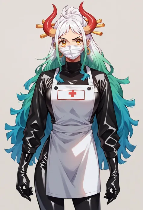 One piece,  yamato, (( extra long medical latex gloves)), (black paramedic suit ), ((long sleeves)),   Looking at the viewer , standing, One,  medical mask , rubber medical apron