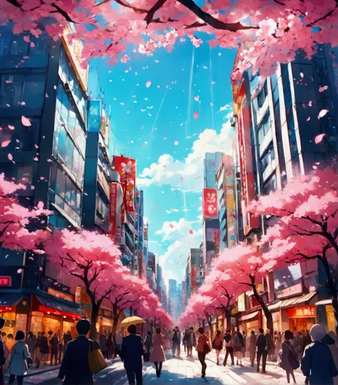 : A bustling Tokyo street in anime style, filled with people going about their day. High-rise buildings and neon signs glow under a bright, blue sky, creating a lively atmosphere. Pink cherry blossom petals drift gently across the scene, caught in a light ...