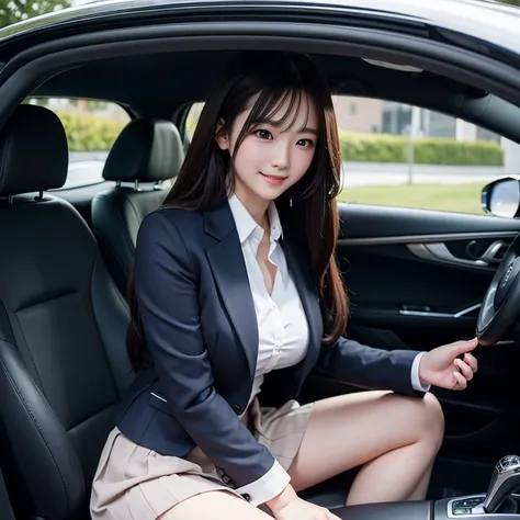  high resolution on down, Long Hair, smile,  Blushing ,Big Breasts, masterpiece, Best Quality, woman, Miniskirt, is wearing a suit,Driving a car,Around town,Sports Car
